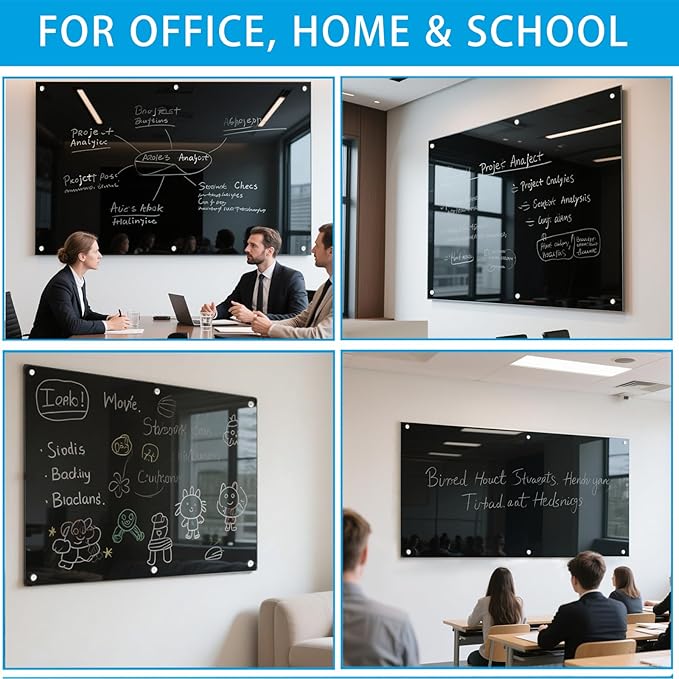 Glass Dry Erase Black Board - Magnetic Blackboard 60"X36" Frameless White Board Clear Glass Boards with Super Strong Magnets, Wall Mounted for Office, Classroom and Home