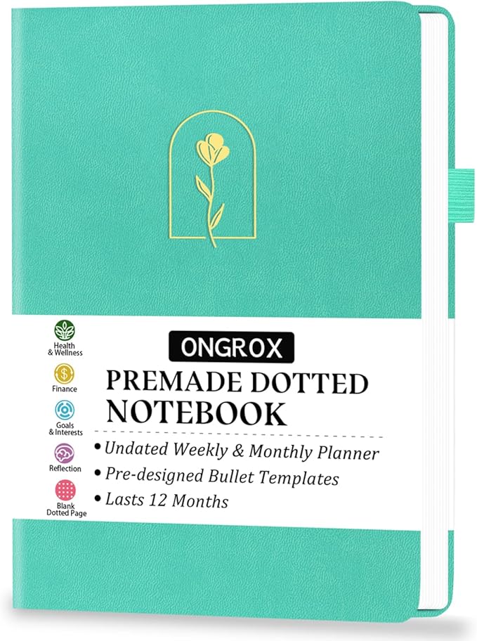 Premade Bullet Style Notebook with Undated Weekly & Monthly Planner, Dotted Journal with Pre-made Bullet Planner Stencils, Dot Grid Journaling with Habits & Mood Tracker, 12 Month Organization, A5