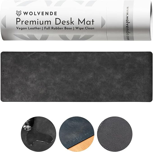 Premium Distressed Faux Vegan Leather Desk Mat | Multifunctional Desk Pad for Home Office | (Black/Grey, 12" x 36")