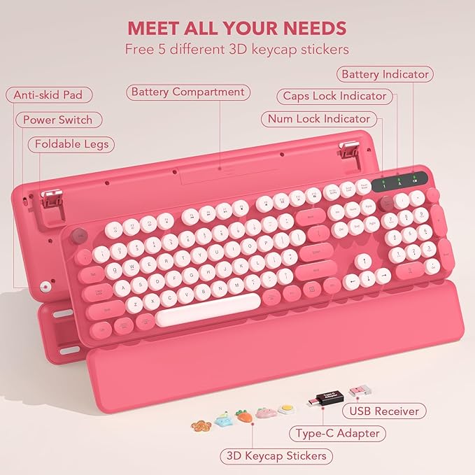 Retro Typewriter Wireless Keyboard, Pink Round Keycaps with Detachable Wrist Rest, Vintage Style Computer Cordless Keyboard, Cute Full-Size for Windows/PC/Laptop (Ideal for Writer/Gamer/Office)