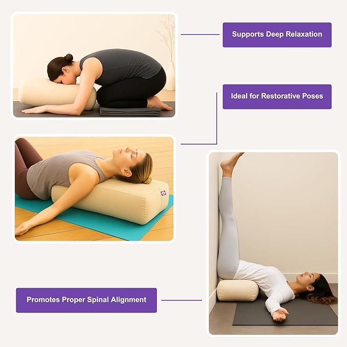 Yogikuti Cotton-Filled Rectangular Bolster for Iyengar Yoga- Cotton Pillow Best for Back Support & Chest-Opening in Restorative Poses, Meditation (Beige)