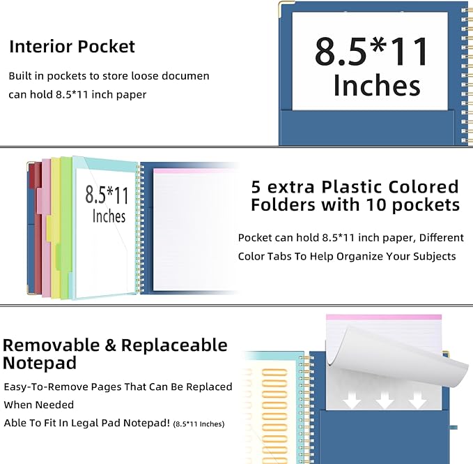 Ospelelf Clipboard with Storage 8.5 X 11，Padfolio Organizer, Spiral Portfolio Letter Size with Notepad, Pen Holder, 5 Extra Folder Divider Pages, Elastic Closure Nurse Office Essentials (Dark Blue)