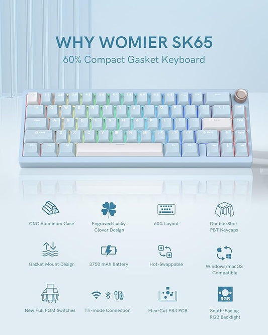 Womier SK65 Wireless Mechanical Gaming Keyboard with Knob, 60 Percent Creamy Aluminium Keyboard for PC, Bluetooth 5.0/2.4GHz/USB-C Wired, Hot Swappable Custom Lineaner Switch, RGB Backlit, Blue