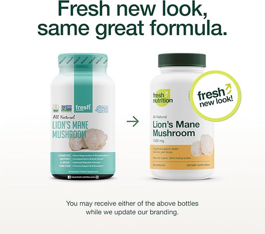 Fresh Nutrition Organic Lions Mane Mushroom Capsules - Strongest DNA Verified Formula - Rich in Alpha Glucan - Powerful Superfood Supplement - Brain, Immune System Benefits - Vegan Friendly