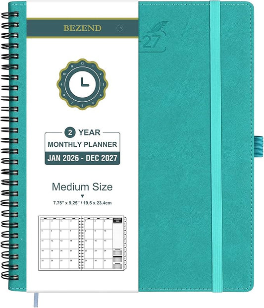 BEZEND Monthly Planner 2026-2027 (Spiral-7" x 9") 2 Year Calendar Book with Note Pages - Jan 26 to Dec 27-120 GSM Paper, Inner Pockets, Laminated Tabs, Vegan Leather Softcover - Turquoise