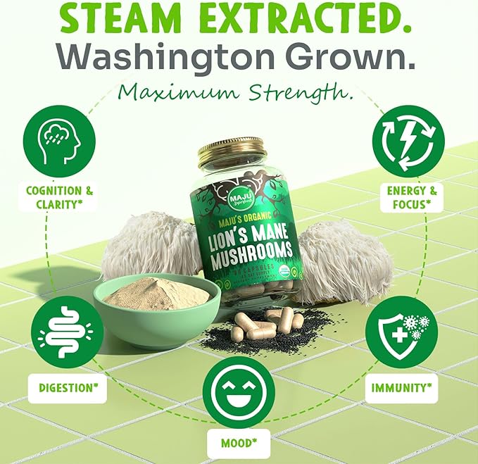 Maju Superfoods Organic Lions Mane Mushroom Capsules 90ct, Fruiting Bodies Steam Extract, Organic Mushrooms with Black Pepper Extract, Hericium Erinaceus