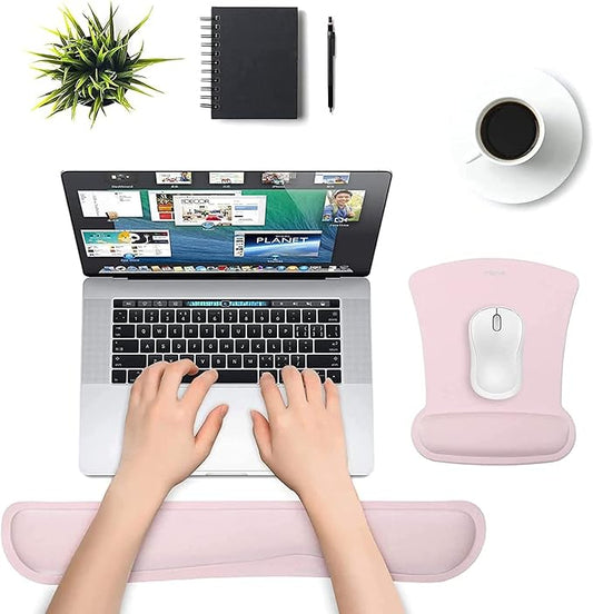 MOSISO Wrist Rest Support for Mouse Pad & Keyboard Set, Ergonomic Mousepad Non-Slip Base Home/Office Pain Relief & Easy Typing Cushion with Neoprene Cloth & Raised Memory Foam, Pink