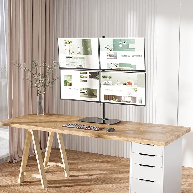 WALI Freestanding Quad Monitor Mount for 17-27 Inch Screens, Fully Adjustable 4 Monitor Stand with Swivel, Tilt, Rotation, Glass Base, Max Load 22 lbs per Arm (GMF004), Black