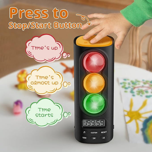 Traffic Light Visual Digital Timer, LCD Display Volume Adjustment, with 4 Ringtones for Kids Classroom Home Kitchen Game Countdown Pause Memory Function Charger Type C Cable Included
