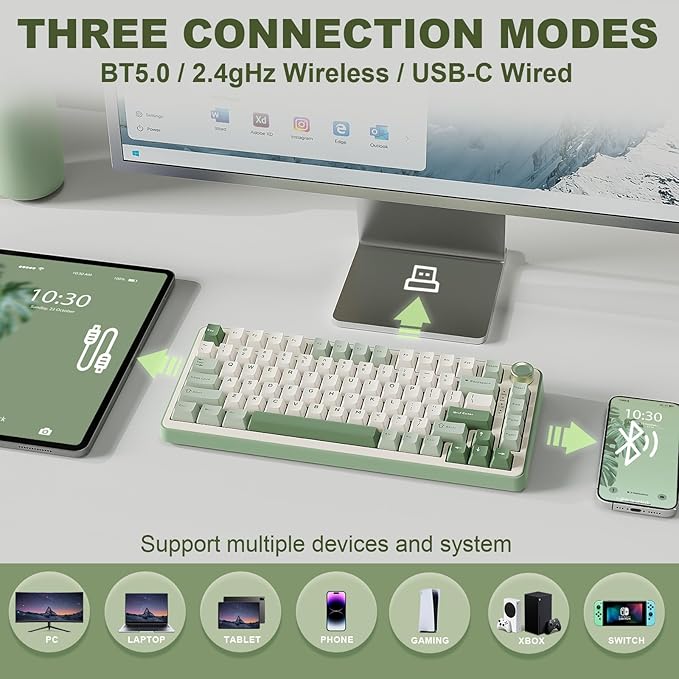 YUNZII B75 PRO Wireless Mechanical Keyboard,75% Layout with Knob,Hot Swap Gasket Structure,Creamy Pre-lubed Switches,RGB Backlit,Bluetooth/Type-C/2.4G for Win/Mac (Matcha Green, Milk Switch)