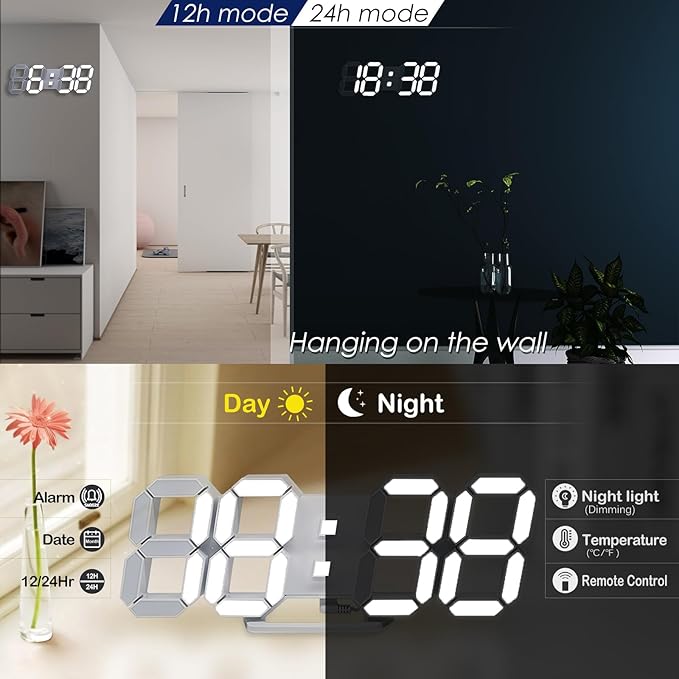 KOSUMOSU Wall Clock 15" 3D LED Digital Clock for Bedroom,Large Digital Wall Clock for Living Room Decor,Modern Aesthetic Led Clock with Remote Control