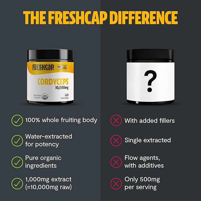 FreshCap Mushrooms Cordyceps Mushroom Powder 10,000mg - Mushroom Extract Immunity Supplement, Ayurveda Nootropic Mushroom Supplements (60 Servings)