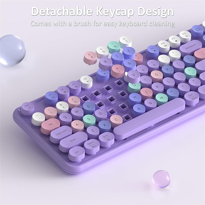 Wireless Keyboard and Mouse, Full-Size Retro Typewriter Keyboard with Round Keycaps, 2.4GHz for Windows, Mac, Laptop, PC, Desktop (Purple Colorful)