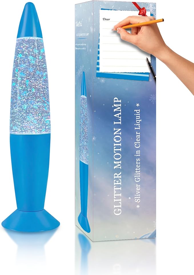 13 Inches Blue Glitter Lamp with Hexagonal and Pentagonal Sparkles Large Adored by Adults and Kids for Years, Glitter Blue Night Light for Boys Girls Bedroom Office Decor, Relaxing