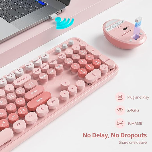 GTSP Colorful Pink Wireless Keyboard and Mouse Combo, Wireless Typewriter Full-Size Retro Cute Aesthetic Keyboard 2.4GHz with Round Keycaps for Desktop Laptop and PC (Cute Pink)