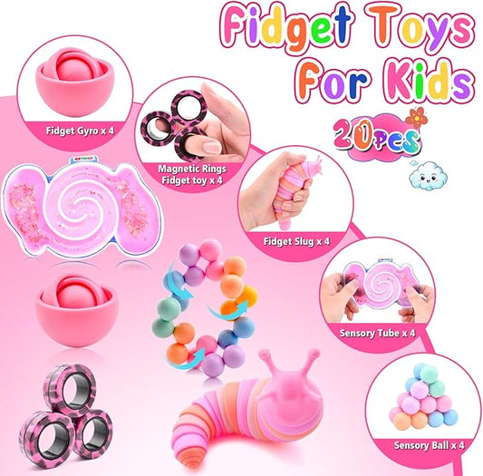 Cevioce 20Pcs Fidget Toys Adults Pack,Stocking Stuffers for Teens Boys Girls,Autism Sensory Toys with Fidget Spinner Slug Magnetic Rings,Squishy Fidget Toys ADHD Stress Relief,Party Favor for Kid-BPYP