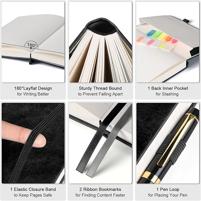 5 Pack College Ruled Notebook, 312 Numbered Pages Thick Notebooks Bulk, 100gsm No Bleed Paper Hardcover Leather Journal, Lined Journal Notebook Set for Women Men School Office, A5, Black