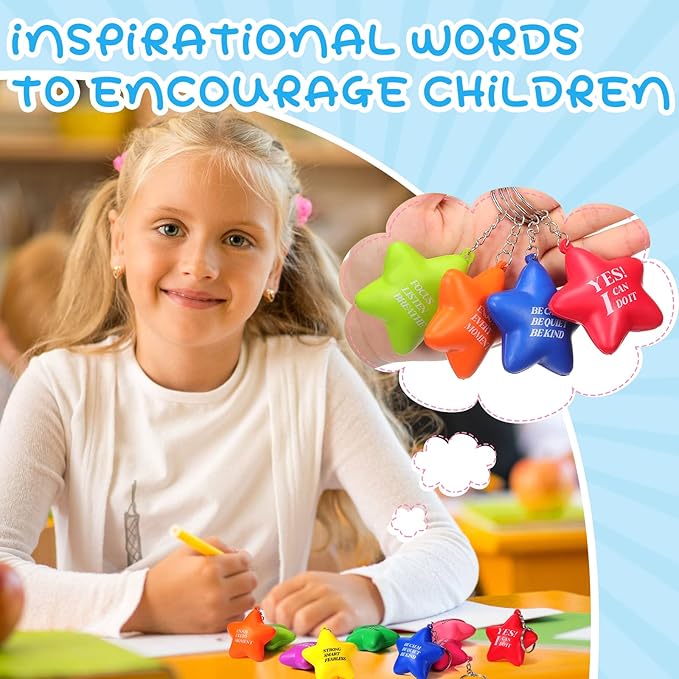 Zomiboo 20 Pcs Motivational Stress Balls Bulk Keychain Foam Star with Relief Quotes Employee Appreciation Gift for Relieve Anger