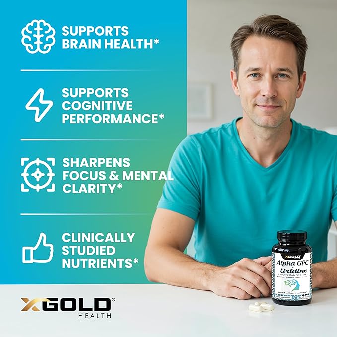 Alpha GPC Choline 600mg + Uridine Monophosphate 300mg-2-in-1 Nootropic Supplement Helps Boost Focus, Energy & Cognitive Performance -Potent Mood Enhancer & Brain Focus Supplements -120 Veggie Capsules