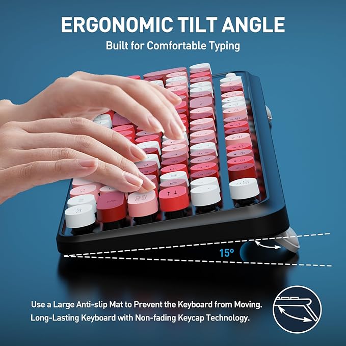 Keyboard and Mouse Wireless,Cute Retro Wireless Keyboard Mouse Combo with Round Key,2.4Ghz Dropout-Free Connection,Typewriter Wireless Keyboard Mouse Set for PC Laptop Desktop Computer-Black Colorful