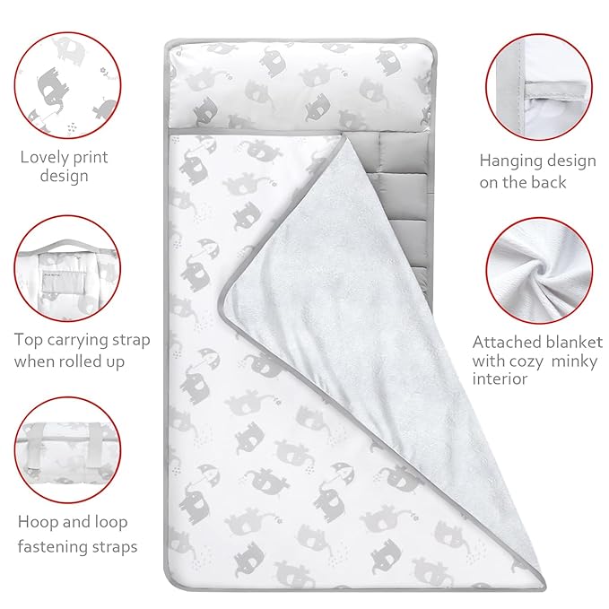 Moonsea Nap Mat for Toddlers Elephant with Pillow Blanket, Lightweight Perfect for Kids Preschool, Daycare, Travel Sleeping Bag Boys Girls, 21" x 50" Fit on a Standard Cot