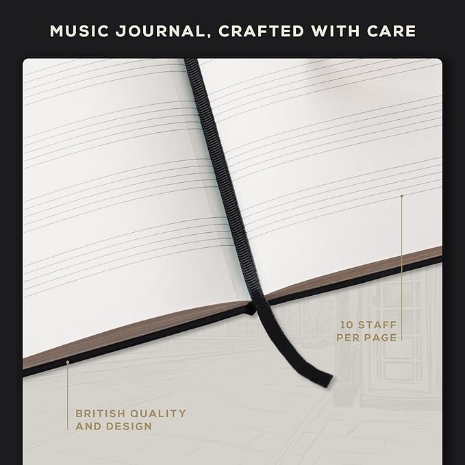 BEECHMORE BOOKS Blank Sheet Music Notebook – A4 8.5x11.5 for Songwriters, Musicians & Composers, 156 Thick 120gsm Pages, 10-Staff Perforated Sheets, Vegan Leather Hardcover, Elastic Closure, Gift Box