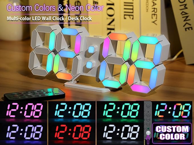 KOSUMOSU Wall Clock Neon Digital Clock 3D LED Desk Clock Large Display 9.7" RGB Clock Alarm Clock for Bedroom Living Room,Remote,Brightness Dimming, Date,Temp