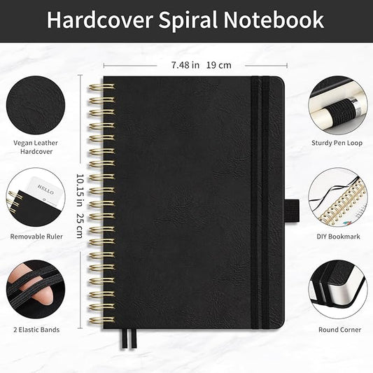 EMSHOI Bullet Dotted Journal Spiral Notebook - 300 Pages, B5 Hardcover Leather, 100 GSM Thick Dot Grid Notebook for Women Men Work Writing, Bullet Journaling, Drawing, 7.48" x 10.15", Black