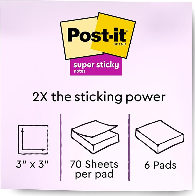 Post-it Super Sticky Recycled Notes, 3x3 in, 6 Pads, 2X The Sticking Power, Bali Collection, Pastel Colors (Lavender, Apricot, Blue, Pink, Mint), 30% Recycled Paper (654-6SSNRP)