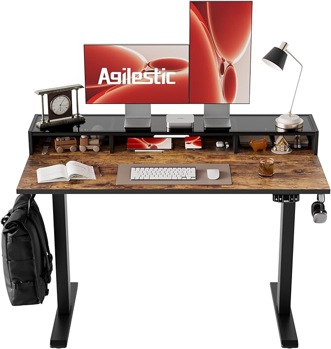 Agilestic Glass Standing Desk with Storage, 48 Inch Electric Adjustable Desk with Glass Shelf, Sit Stand Up Home Office Computer Table, Splice Board, Rustic Brown