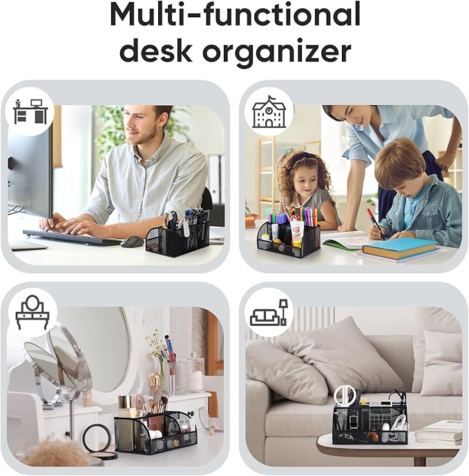 Deli 7-Compartment Black Mesh Desk Organizer with Pen Holder, Office Desktop Organizer, Metal Stationary Caddy