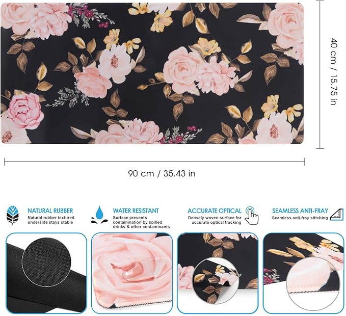 iCasso Extended Gaming Mouse Pad, Large Non-Slip Rubber Base Mousepad with Stitched Edges, Waterproof Keyboard Mouse Mat Desk Pad for Work, Game, Office, Home - Peony