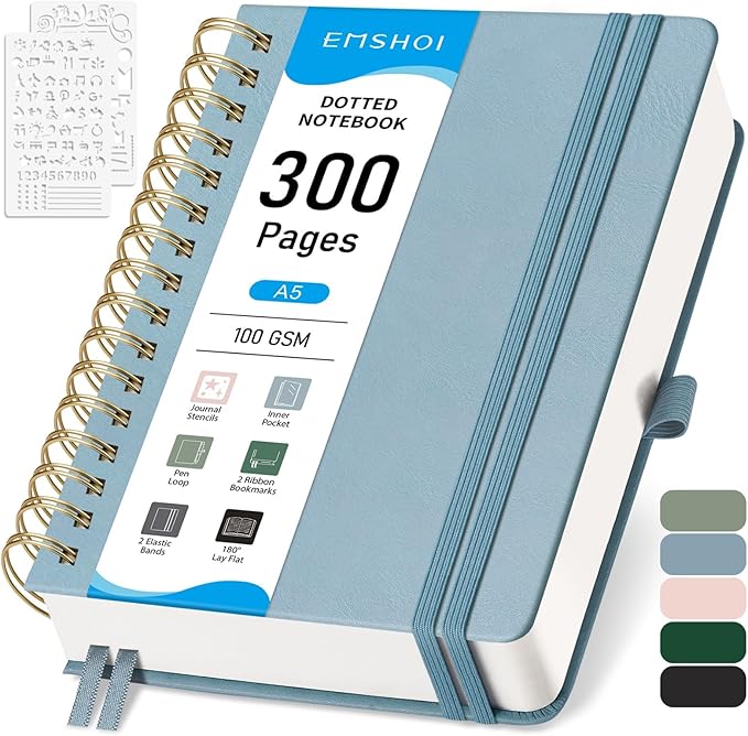EMSHOI Bullet Dotted Journal Spiral Notebook - 300 Pages, A5 Hardcover Leather, 100 GSM Thick Dot Grid Notebook for Women Men Work Writing, Bullet Journaling, Drawing, 5.7" x 8.22", Gray Blue