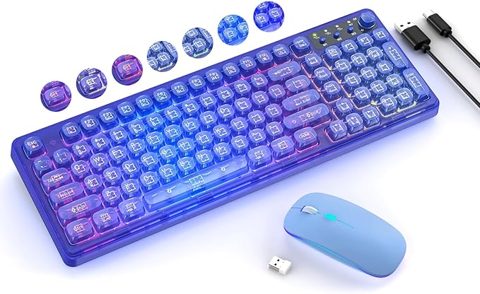 Wireless Light Up Keyboard and Mouse,Cute 2.4Ghz Cordless Rechargeable Clear Transparent Backlit Keyboard,15 Backlight Effects,Volume Knob,RGB Mouse with 3 DPI for Mac Computer PC Laptop Desktop-Blue