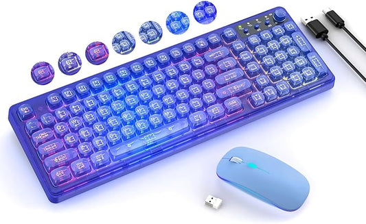 Wireless Light Up Keyboard and Mouse,Cute 2.4Ghz Cordless Rechargeable Clear Transparent Backlit Keyboard,15 Backlight Effects,Volume Knob,RGB Mouse with 3 DPI for Mac Computer PC Laptop Desktop-Blue