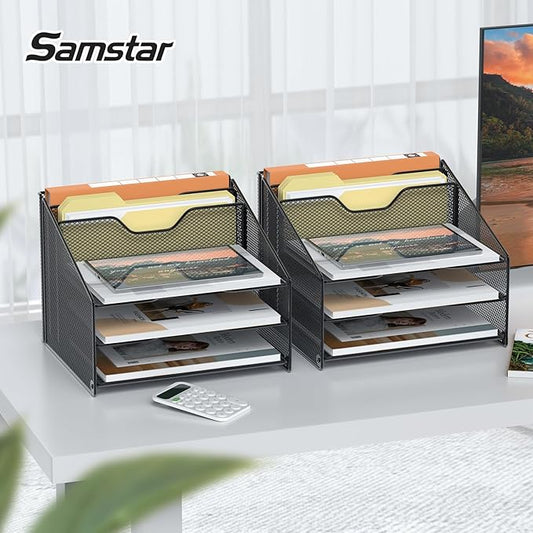 Samstar 2 Pack Mesh Desk File Organizer Letter Tray Holder, Desktop File Folder Holder with 3 Paper Trays and 2 Vertical Upright Section, Black