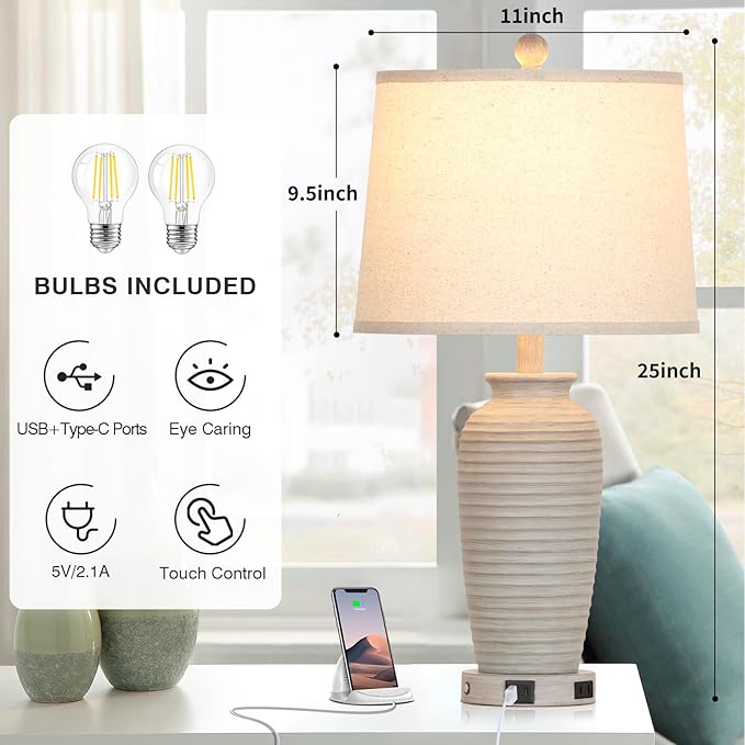 25" Farmhouse Jar Table Lamps Set of 2, 3 Way Touch Control Rustic Bedside Lamps with USB A+C Ports & AC Outlet, Pot Nightstand Lamps for Bedroom Living Room (LED Bulbs Included)