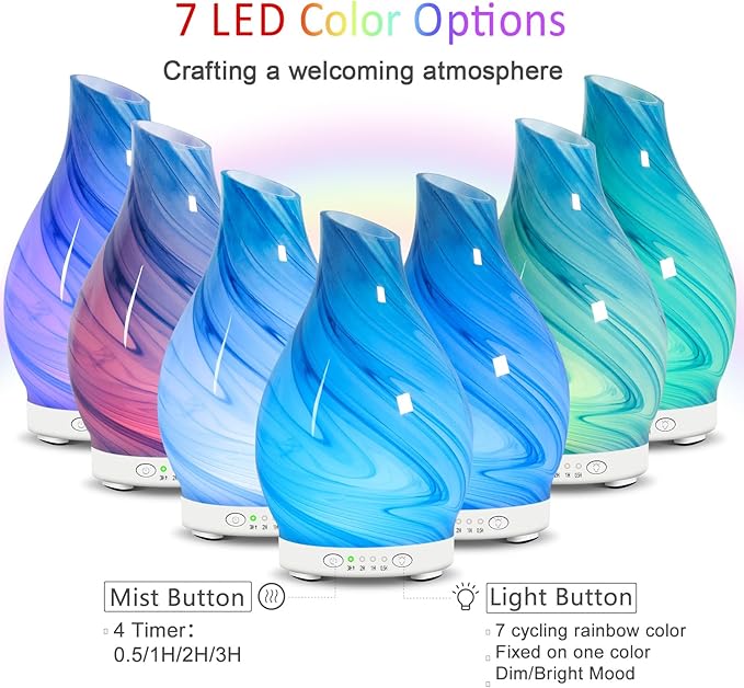 Art Glass Essential Oil Diffuser 120ml - Aromatherapy Diffuser with 7 Color Changing Lights & 4 Timer Settings, Cool Mist Humidifier for Home, Office, Gift for Women, Mom