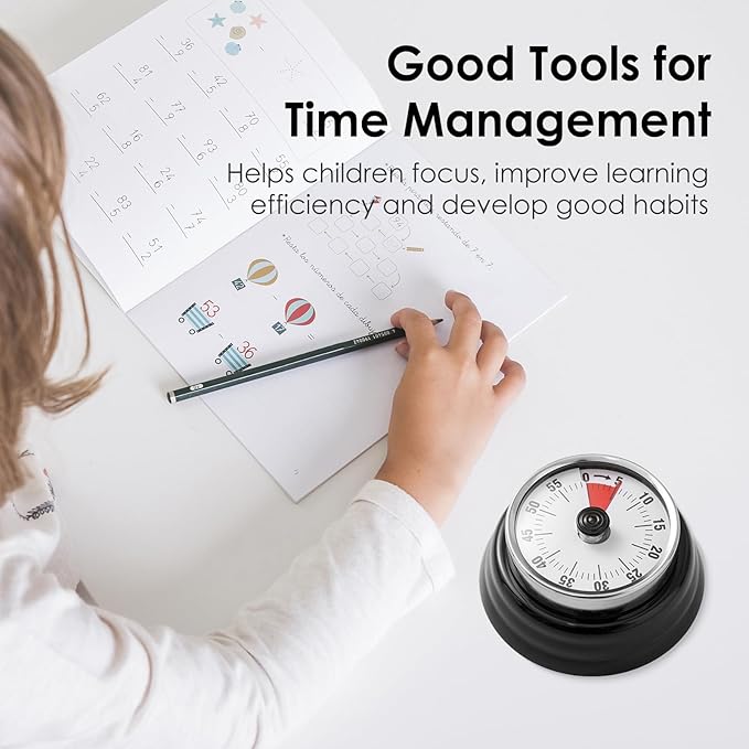 Visual Timer, Teeloray 60-Minute Countdown Timer, Kitchen Timer with Magnetic Base, Mechanical Clockwork, Ringer Alert, Time Management Tool for Children and Adults, Study/Work/Cooking (Black)