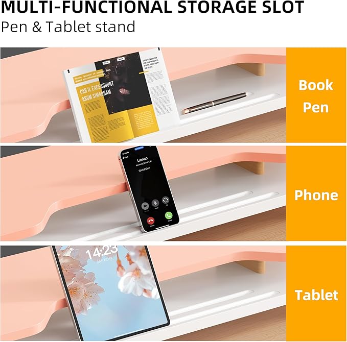 2 Tier Dual Monitor Stand Riser,Wider Board Computer Monitor Stand for 2 Monitors,Slot For Phone/Tablet Office Desktop Organizer for Laptop,PC,Computer,Printer,Pink