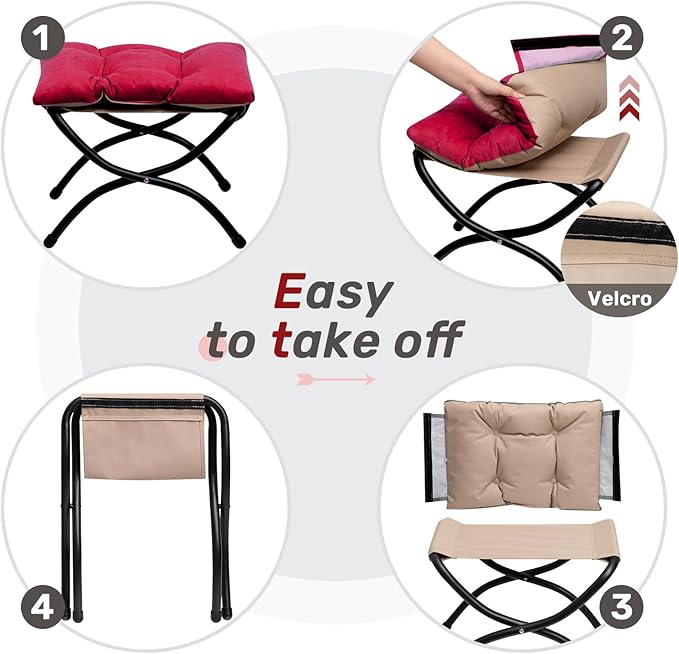 HollyHOME 15"(H) Folding Footrest Stool, Upholstered Small Foldable Ottoman, Accent Padded Sofa Foot Stool for Lazy Chair, Metal Frame Portable Foot Rest Ottoman for Living Room, Bedroom, Burgundy