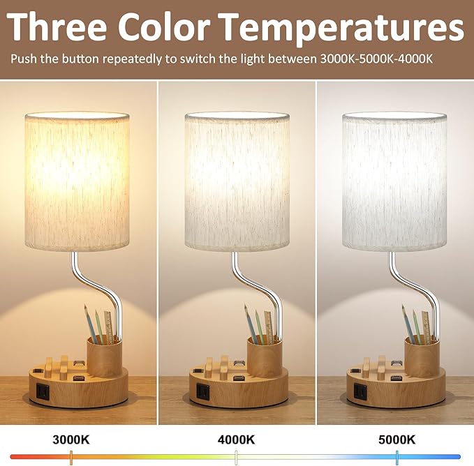 Bedside Table Lamps for Bedroom Set of 2 - Nightstand Light with AC Outlet and USB A & C for Charging, 3 Color Temperatures Wood Desk Lamp with Pen Holder & Phone Stand for Living Room/Dorm/Office
