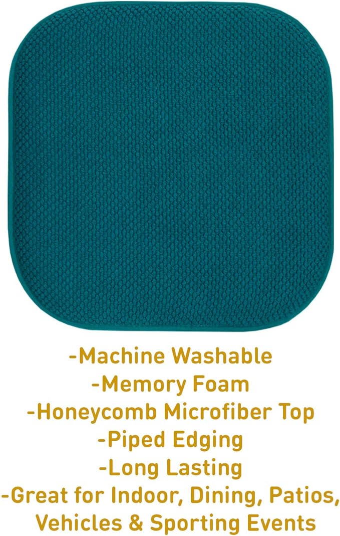 Sweet Home Collection Chair Cushion Memory Foam Pads Honeycomb Pattern Slip Non Skid Rubber Back Rounded Square 16" x 16" Seat Cover, 6 Pack, Peacock Blue