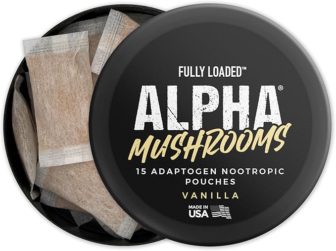 Fully Loaded Alpha Mushroom Pouches - Adaptogen Nootropic Pouches (5-Pack, Vanilla) - Lion's Mane, Cordyceps, & Chaga - 5 cans, 15 Pouches per can - Functional Mushrooms - Made in The USA