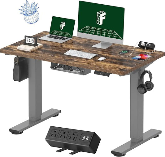 FLEXISPOT EN2 Whole-Piece Standing Desk with Clamp Power Strip, 48 x 24'' Electric Stand Up Height Adjustable Desk with Cable Management (Gray Frame + 48" Rustic Brown Desktop, 2 Packages)