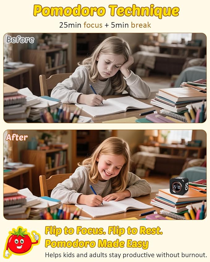 Pomodoro Timer Cube Visual Productivity Flip Timer for Kids Classroom Desk, 5/10/25/50min& Custom Countdown, Silent&Sound Mode Digital Cube for ADHD Study Work School Game Kitchen (Black)