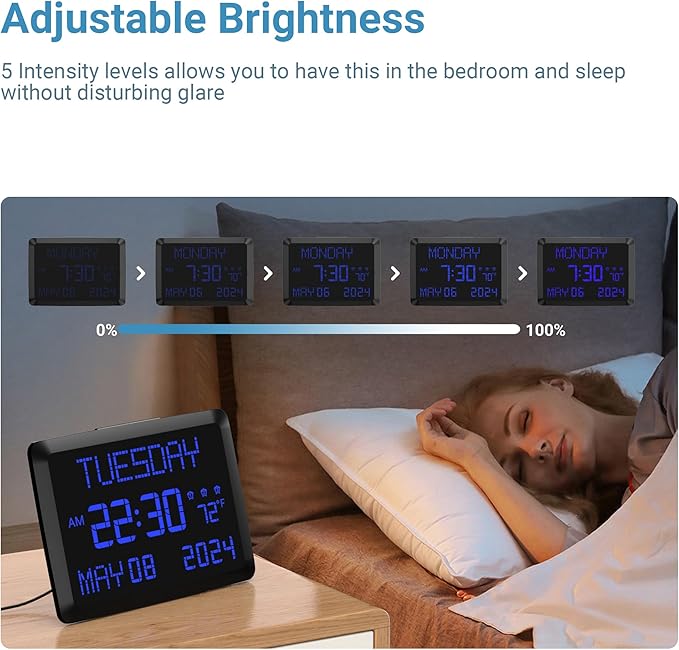 11.5” Digital Wall Clock with Date,Time,Week,Indoor Temperature,3 Alarms,5 Dimmer,2 USB Chargers,Battery Backup,Snooze,12/24H for Elderly,Parents,Impaired Vision,Dementia,Memory Loss,Office,Bedroom