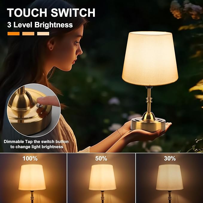 Small Cordless Table Lamp for Bedroom, Rechargeable Battery Operated Bedside Lamps, Wireless Touch 3-Level Dimmable Nightstand Lamp, Portable Desk Brass Lamp for Home Decor, Patio, Restaurant, Dinning