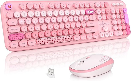 MOFII Wireless Keyboard and Mouse Combo, Cute Keyboard Full Size and Wireless Mouse, 2.4GHz Retro Typewriter Keyboard Wireless Mouse Set for PC/Desktop/Laptop/Windows (Pink Colorful)