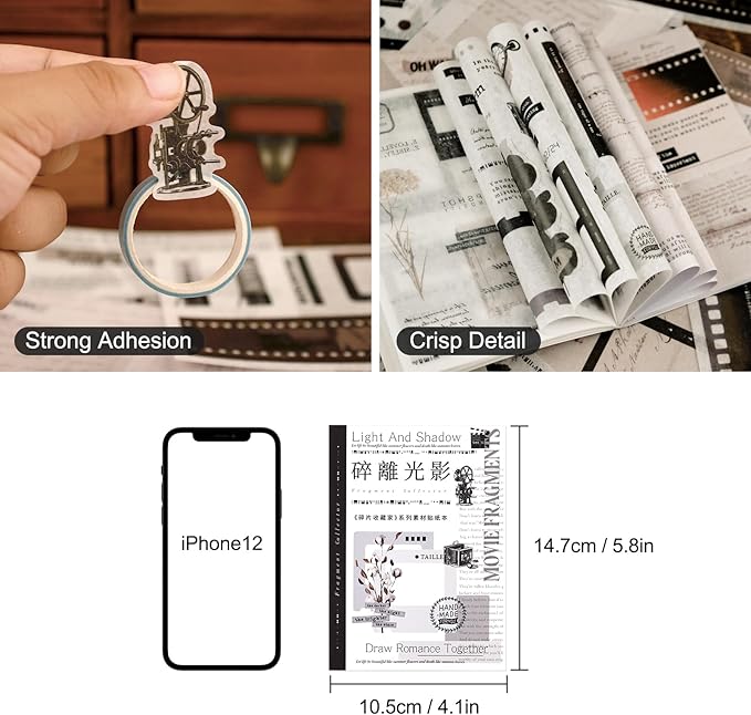 Dizdkizd Washi Stickers Book for Journaling, Vintage Scrapbook Ephemera with 180pcs Film Stickers and 20 Adhesive Scrapbooking Papers, Junk Journaling Supplies